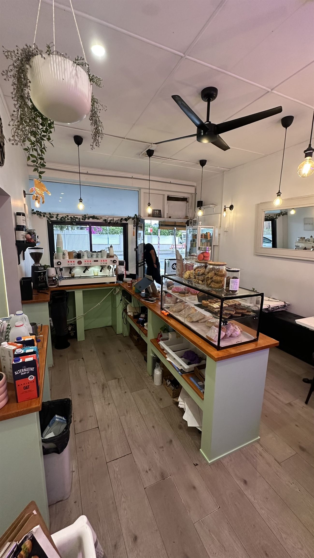 Inside the café — espresso machine, pastry cabinet and hanging plants